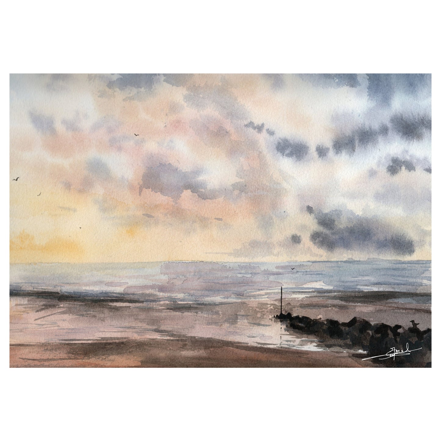 Reproduction A4 d'une aquarelle réaliste format paysage représentant la plage d'Agon-Coutainville sous de beaux nuages colorés.